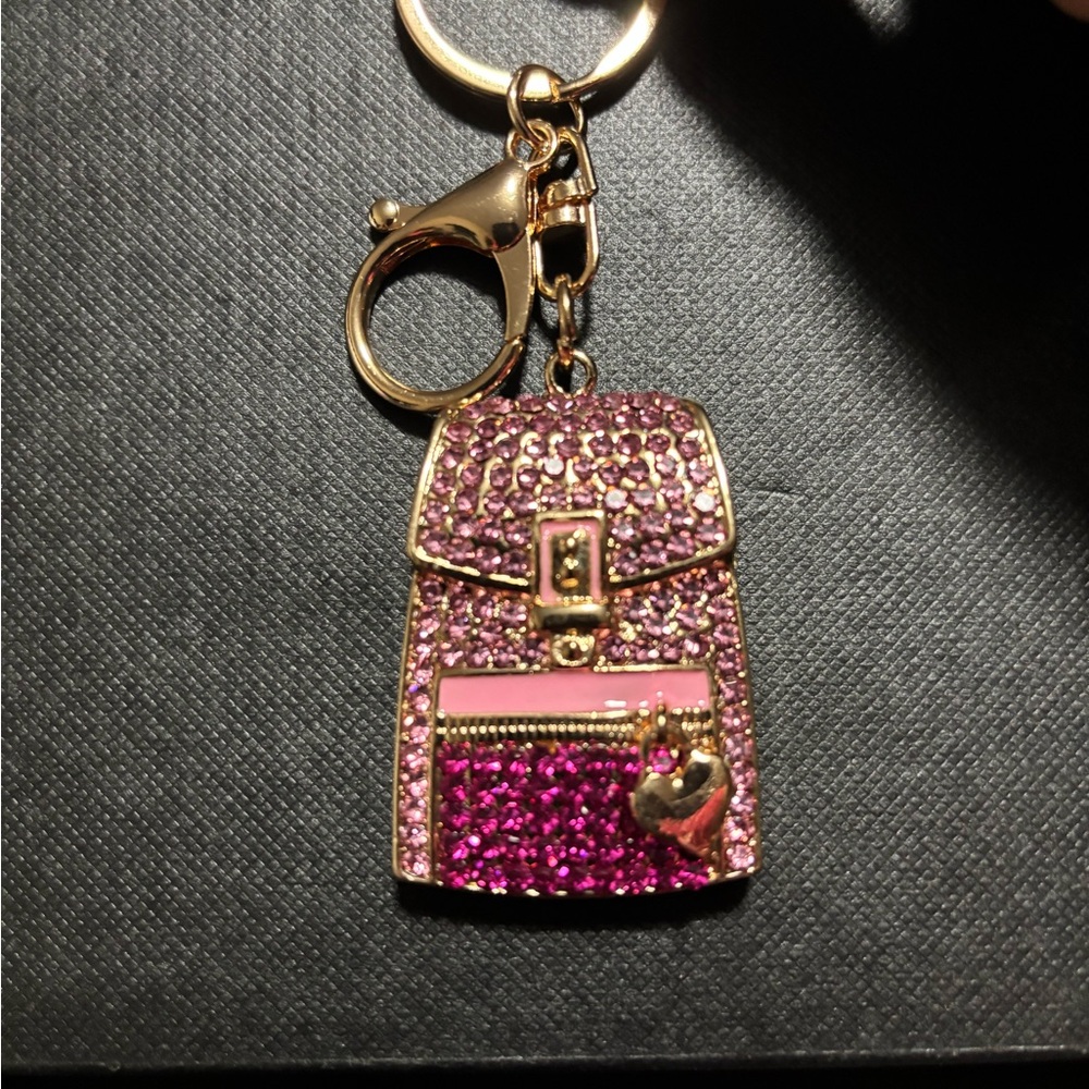 Pink and Gold Rhinestone Backpack Keychain - Picture 4 of 5